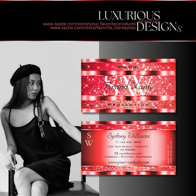 Cartão De Visita Iniciais de Estrelas de Disparo Vermelho de Ruby (Criador carregado)