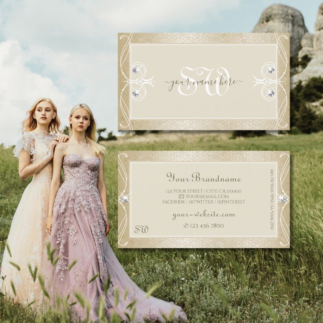 Cartão De Visita Iniciais de Joias de Ornamentado Mosaico Beige Cre (Criador carregado)