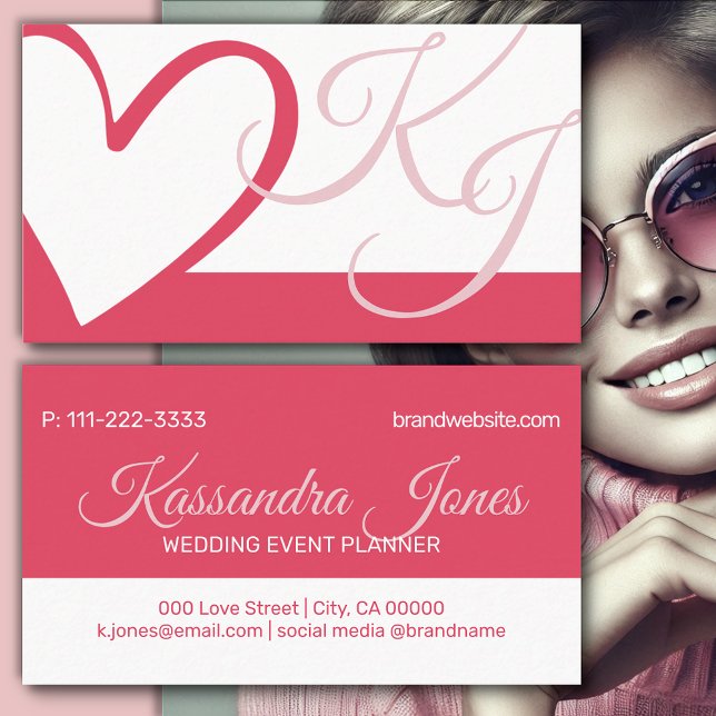 Cartão De Visita Iniciais de Monograma do Coração Caligráfico Branc (Criador carregado)