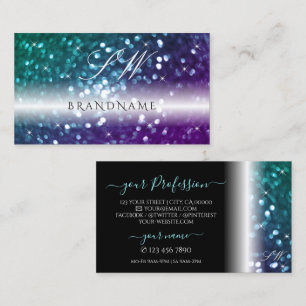 Cartão De Visita Iniciais de na moda Black Teal Purple Sparkle Glit