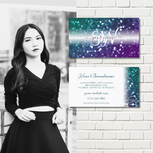 Cartão De Visita Iniciais de na moda White Teal Purple Sparkle Glit