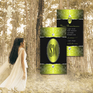 Cartão De Visita Iniciais de Ornamentado Amarelo Luxe Glam Black