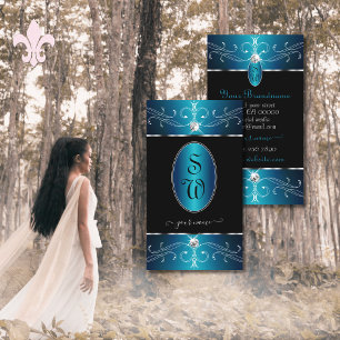 Cartão De Visita Iniciais de Ornamentado Azul-Teal Preto de Luxo