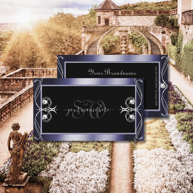 Cartão De Visita Iniciais de Ouros Pretos Azuis Ornamentados de Lux (Criador carregado)