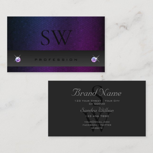 Cartão De Visita Iniciais de Padrão de Gradiente Roxo Azul de Cinza (Frente/Verso)
