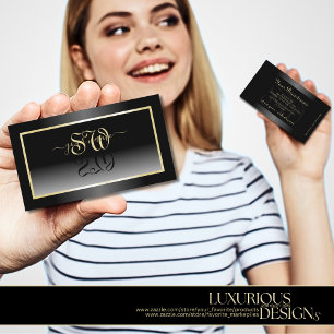 Cartão De Visita Iniciais de Quadro de Gradiente Preto-Branco Elega