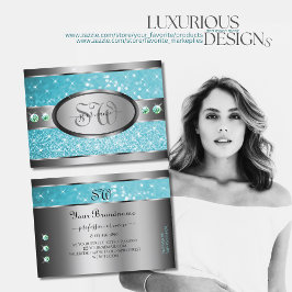 Cartão De Visita Iniciais de Rinestonas Sparkle de Teal de Prata