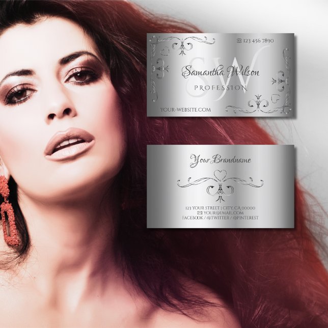 Cartão De Visita Iniciais dos cantos do Ornamentado de prata orname (Criador carregado)