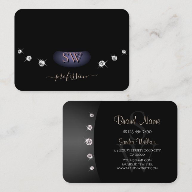 Cartão De Visita Iniciais Elegantes, Douradas e Negras, de Rineston (Frente/Verso)