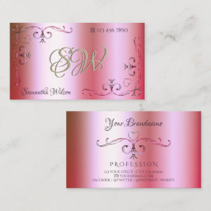 Cartão De Visita Iniciais Ornamentadas Gradiente de Cor Rosa Verde 