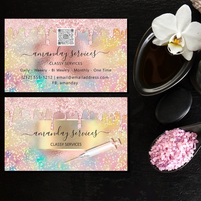 Cartão De Visita Injeções da seringa Holograph Rosa Studio QRCode (Criador carregado)