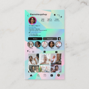 Cartão De Visita Instagram Azul Teal & Rosa Holográfico QR Mídia S