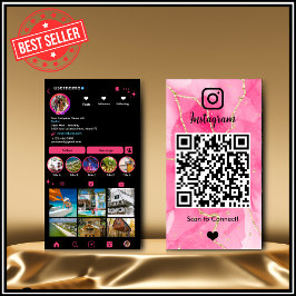 Cartão De Visita Instagram LUXO Rosa e Preto Mármore Ágata QR