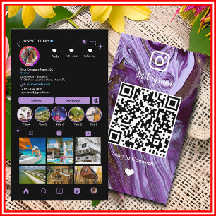 Cartão De Visita Instagram LUXURY Roxo e Agato de Mármore Preto QR