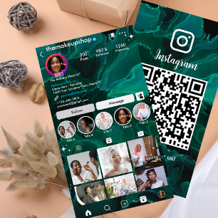 Cartão De Visita Instagram Mídia Social de Código QR Verde Marble V