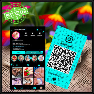 Cartão De Visita Instagram Nail Salon Turquoise Mídia social QR