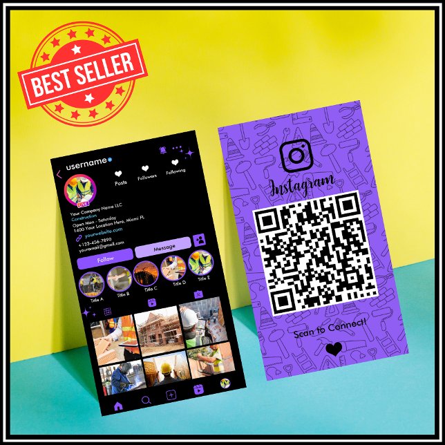 Cartão de Visita Instagram Roxo Construção | Códig (Criador carregado)