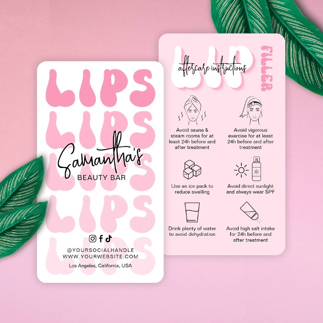 Cartão De Visita Instruções de pós-tratamento do preenchimento do l (Trendy lip filler aftercare cards featuring pink hues, retro fonts and lips care icons)