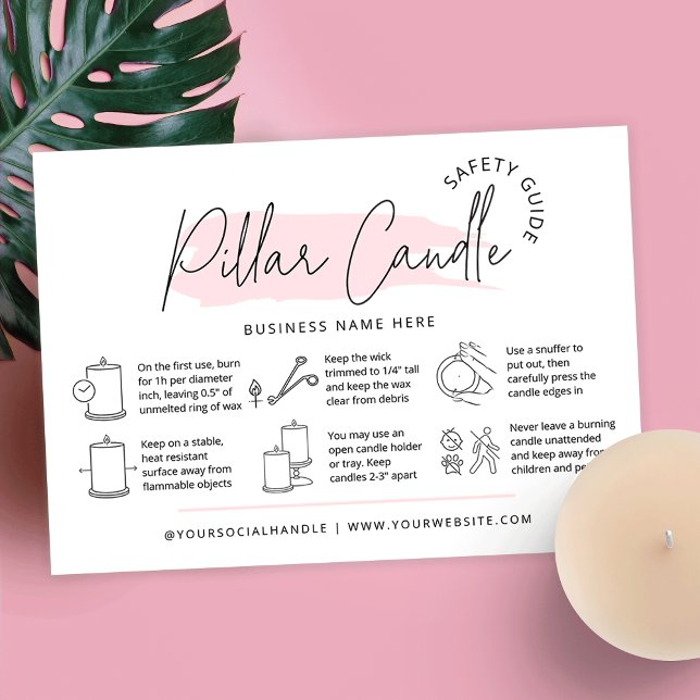Cartão De Visita Instruções para Cuidados com Velas Rosa Feminina (Feminine pillar candle care cards with icons, pink watercolor background and space for your details)