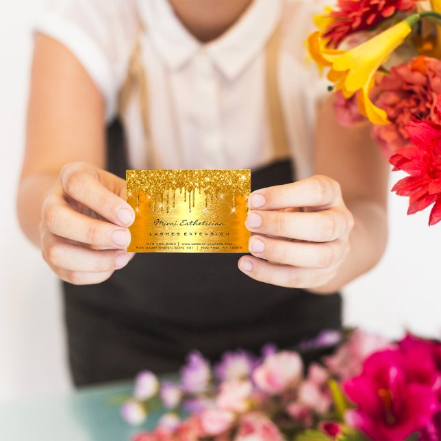 Cartão De Visita Instruções pós-tratamento trava unidades Douradas  (Aftercare Instructions Lashes LUX Gold Drips VIP Business Car)