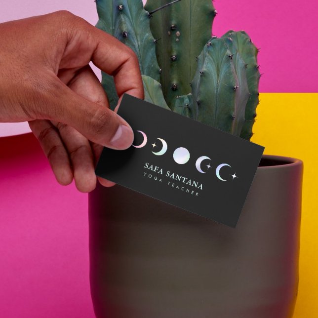 Cartão De Visita instrutor de ioga Moon Phases Holographic (Criador carregado)