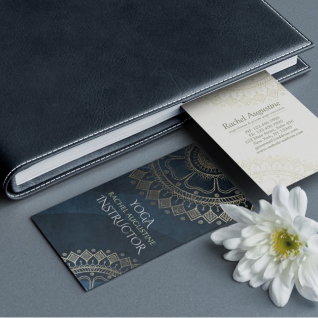 Cartão De Visita Instrutor de Meditação Yoga Dourado Mandala Marinh (Criador carregado)
