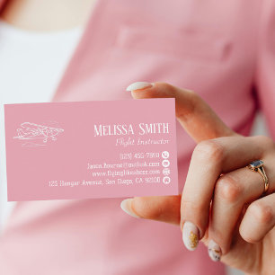 Cartão De Visita Instrutor de Voo Código QR Profissional Rosa Branc