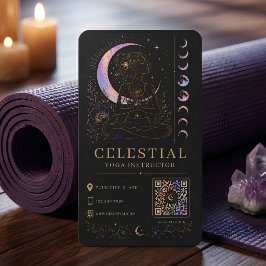 Cartão De Visita Instrutor de Yoga Celestial Luxo Preto Dourado QR 