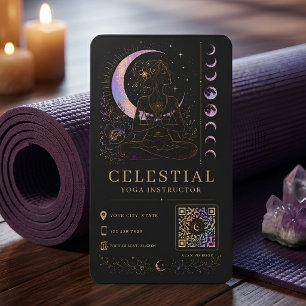 Cartão De Visita Instrutor de Yoga Celestial Luxo Preto Dourado QR 