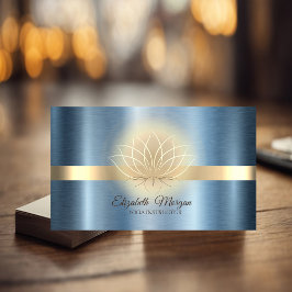 Cartão De Visita Instrutor de Yoga Elegante Dourado, Azul Lótus Met