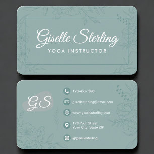 Cartão De Visita Instrutor de Yoga Floral Verde Turquesa