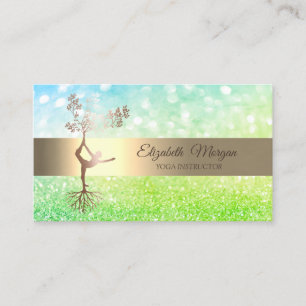 Cartão De Visita Instrutor Green Bokeh Dourado Silhouette Yoga