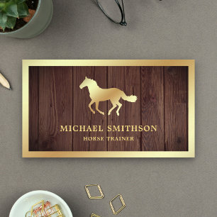 Cartão De Visita Instrutor Rustic Wood Gold Foil Horse Riding