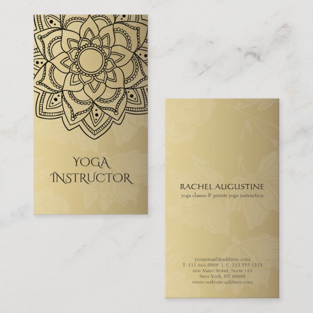 Cartão De Visita Instrutor YOGA Black Dourado Floral Mandala (Frente/Verso)