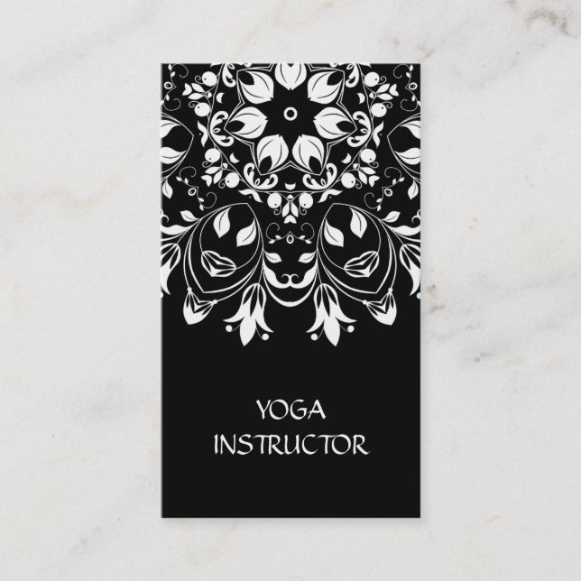Cartão De Visita Instrutor Yoga BlackWhite Floral Mandala (Frente)