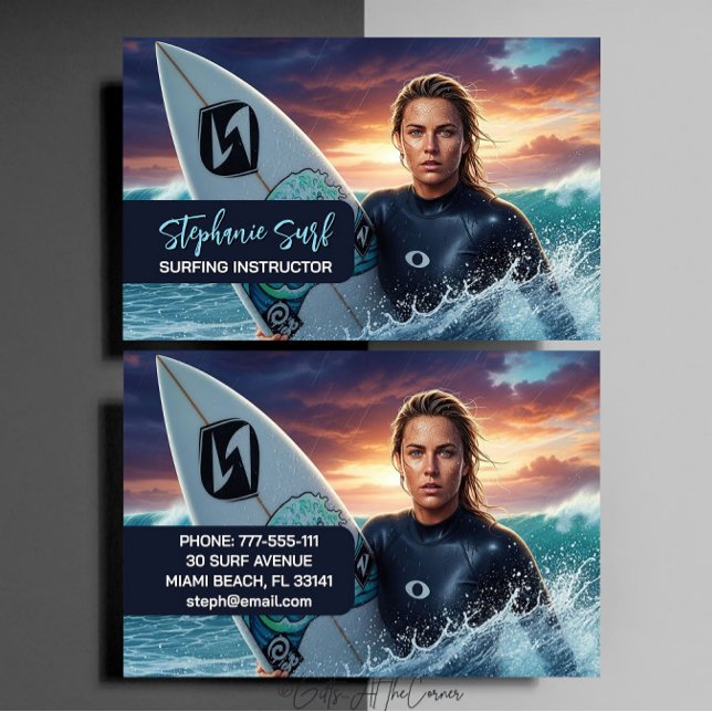 Cartão De Visita Instrutora de Surf Feminina  (Criador carregado)