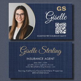 Cartão De Visita Insurance Agent Navy Blue Gold Photo QR Code Linen