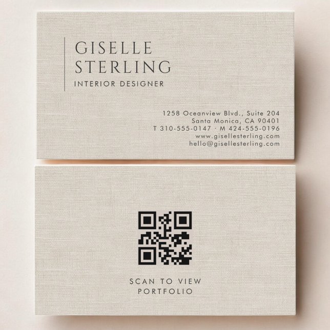 Cartão De Visita Interior Designer Luxury Neutral Linen QR Code (Criador carregado)