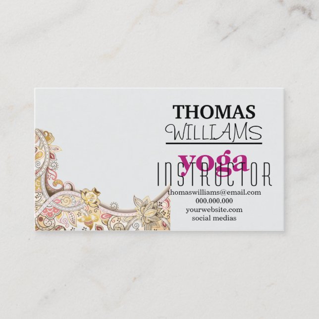 Cartão De Visita Ioga de ilustração floral Mandala Henna (Frente)