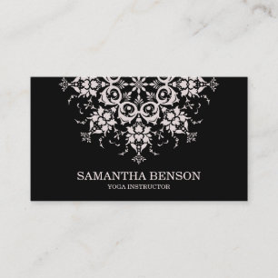 Cartão De Visita Ioga do logotipo da flor branca e preta elegante