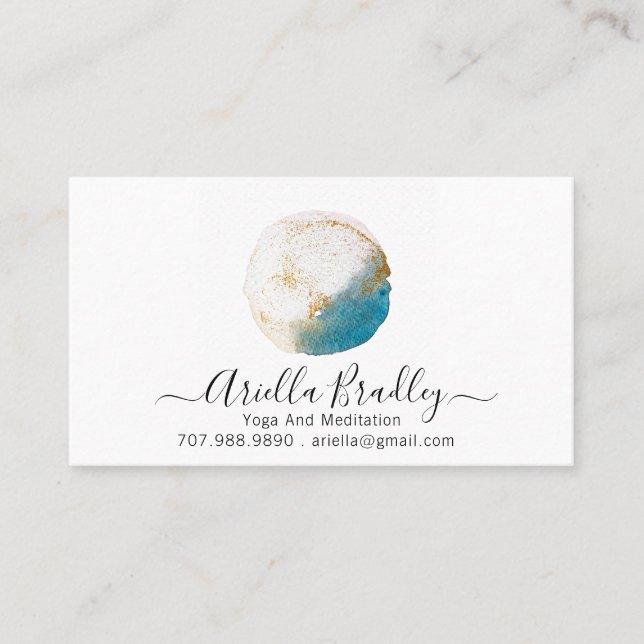 Cartão De Visita Ioga E Meditação | Aquarela E Brilho (Frente)