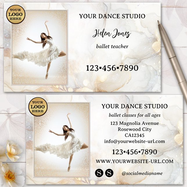 Cartão De Visita Ivory Dourado Artística Balé Dance Studio (Photo business card for a dance or ballet teacher, dance school or studio - logo - social media)