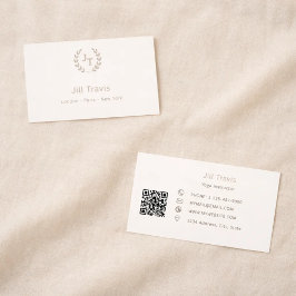 Cartão De Visita Ivory taupe monogram wreath modern minimalst QR