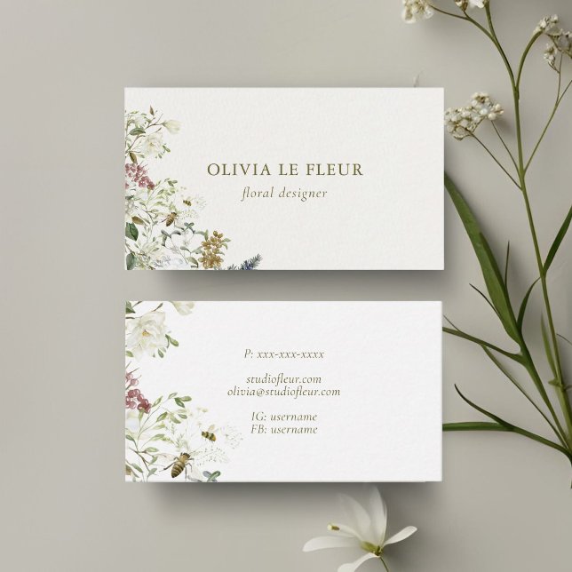 Cartão De Visita Ivory & White | Na moda mínimo botânico (Criador carregado)
