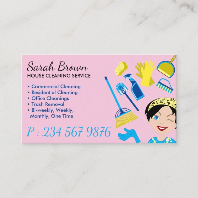 Cartão De Visita Janitorial de limpeza azul rosa Glove Apron Maid (Frente)