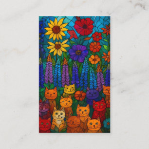 Cartão De Visita Jardim de Gatos Arte de Gato em Vitral com Flores