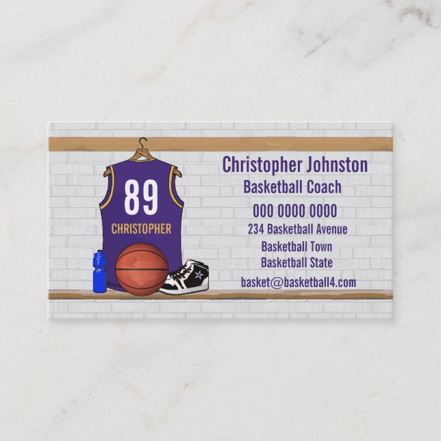Cartão De Visita Jérsei roxo e Dourado personalizado do basquetebol (Frente)
