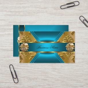 Cartão De Visita Joia de Negócios Elite Azul Teal Dourado Damask