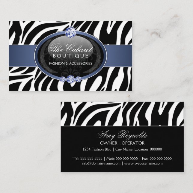 Cartão De Visita Jóia elegante da forma da zebra (Frente/Verso)
