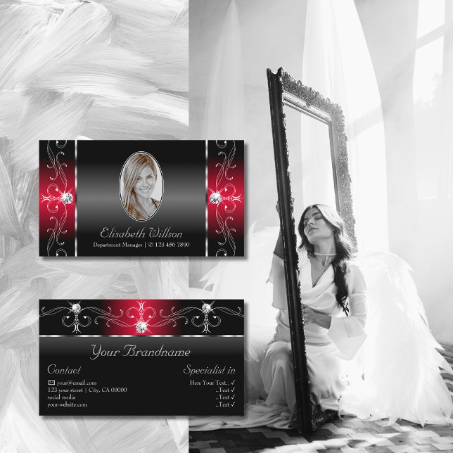 Cartão De Visita Joias Majestosas Pretas e Vermelhas Espalhadas com (Criador carregado)